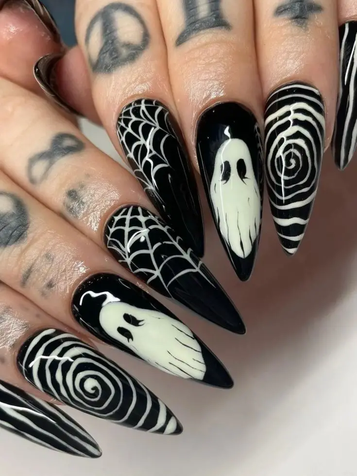 black and white halloween nails