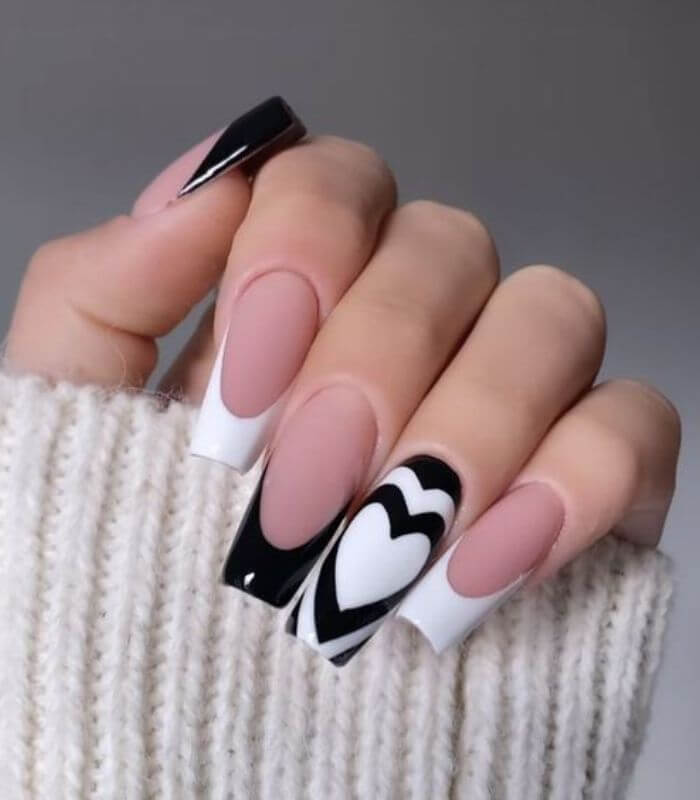 black & white valentines nails